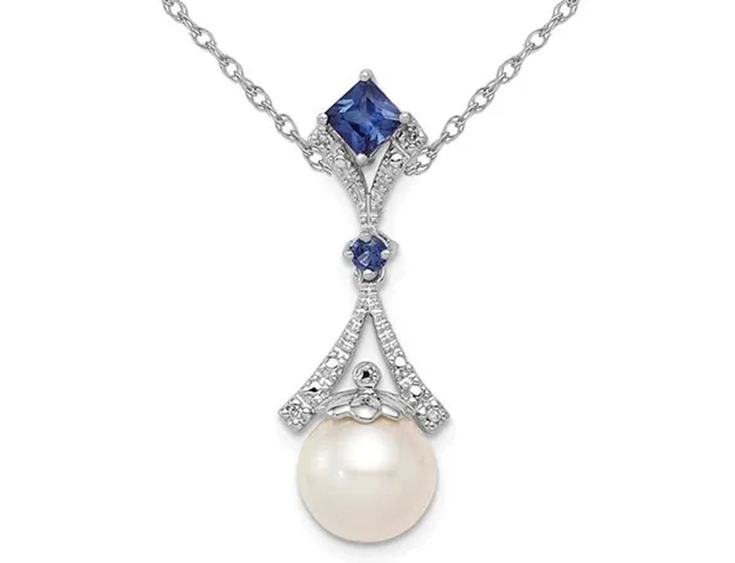 3/10 Carat (ctw) Lab Created Blue Sapphire and 8mm Freshwater Cultured Pearl Pendant Necklace in Sterling Silver with Chain