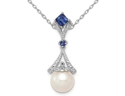 3/10 Carat (ctw) Lab Created Blue Sapphire and 8mm Freshwater Cultured Pearl Pendant Necklace in Sterling Silver with Chain