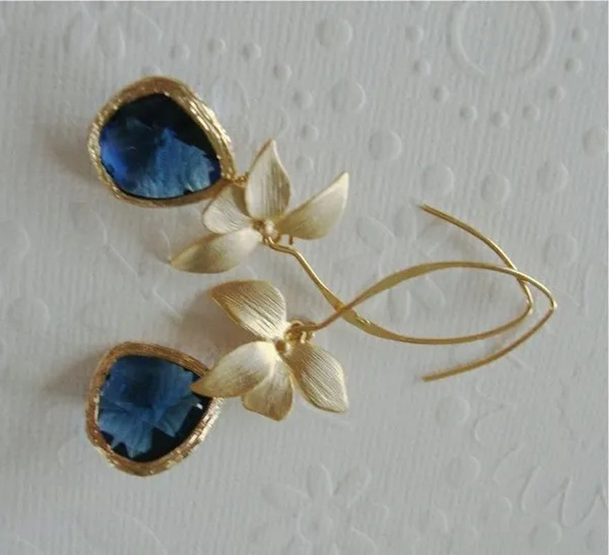 Fashion 18 K Yellow Gold Natural Flower Blue Sapphire Women's Earring Earrings Women's Earrings Engagement Wedding Anniversary Gift
