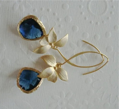 Fashion 18 K Yellow Gold Natural Flower Blue Sapphire Women's Earring Earrings Women's Earrings Engagement Wedding Anniversary Gift