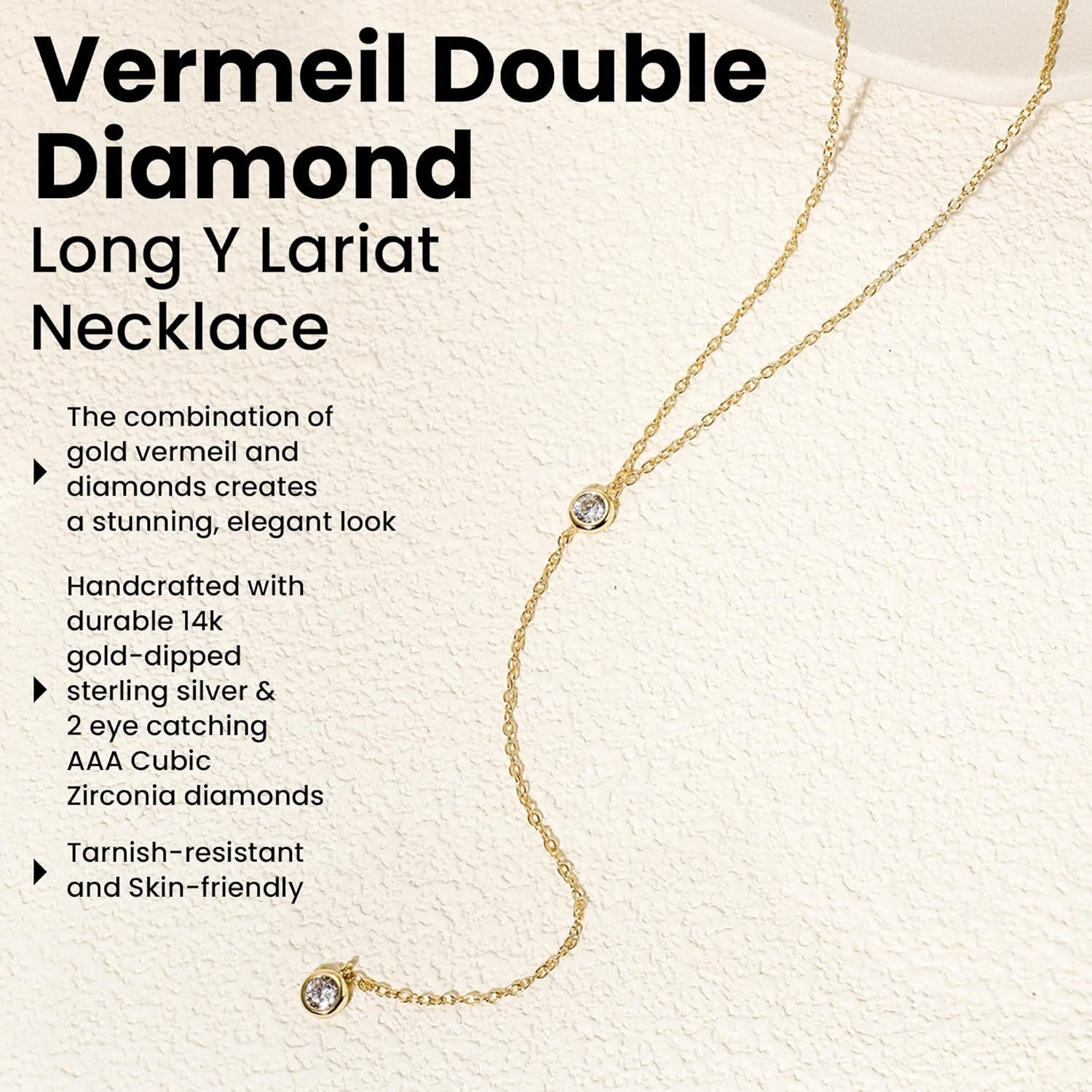 14K Gold Vermeil Lariat Necklace with 2 CZ Diamond in a 3.25" Dainty Drop Pendant, 16" - 19" Gold Dipped Sterling Silver Long Necklace for Women - WORLD TIME VISITS