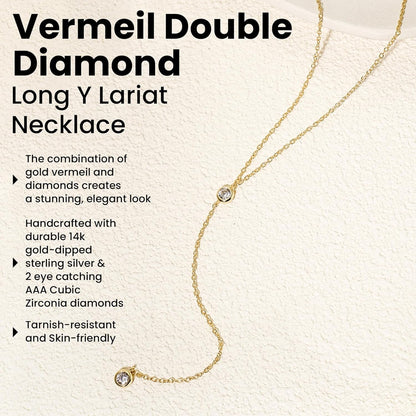 14K Gold Vermeil Lariat Necklace with 2 CZ Diamond in a 3.25" Dainty Drop Pendant, 16" - 19" Gold Dipped Sterling Silver Long Necklace for Women - WORLD TIME VISITS