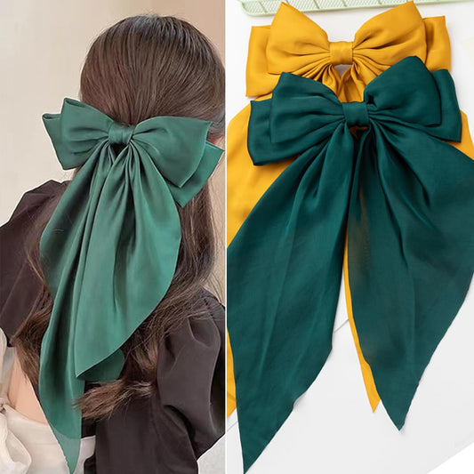 Hair Bows 2 PCS, Hair Bows for Women, Oversized Long-Tail Cute Aesthetic Hair Accessories, Large Hair Barrettes for Women, Big Bows for Girls (Dark Green, Bright Yellow)