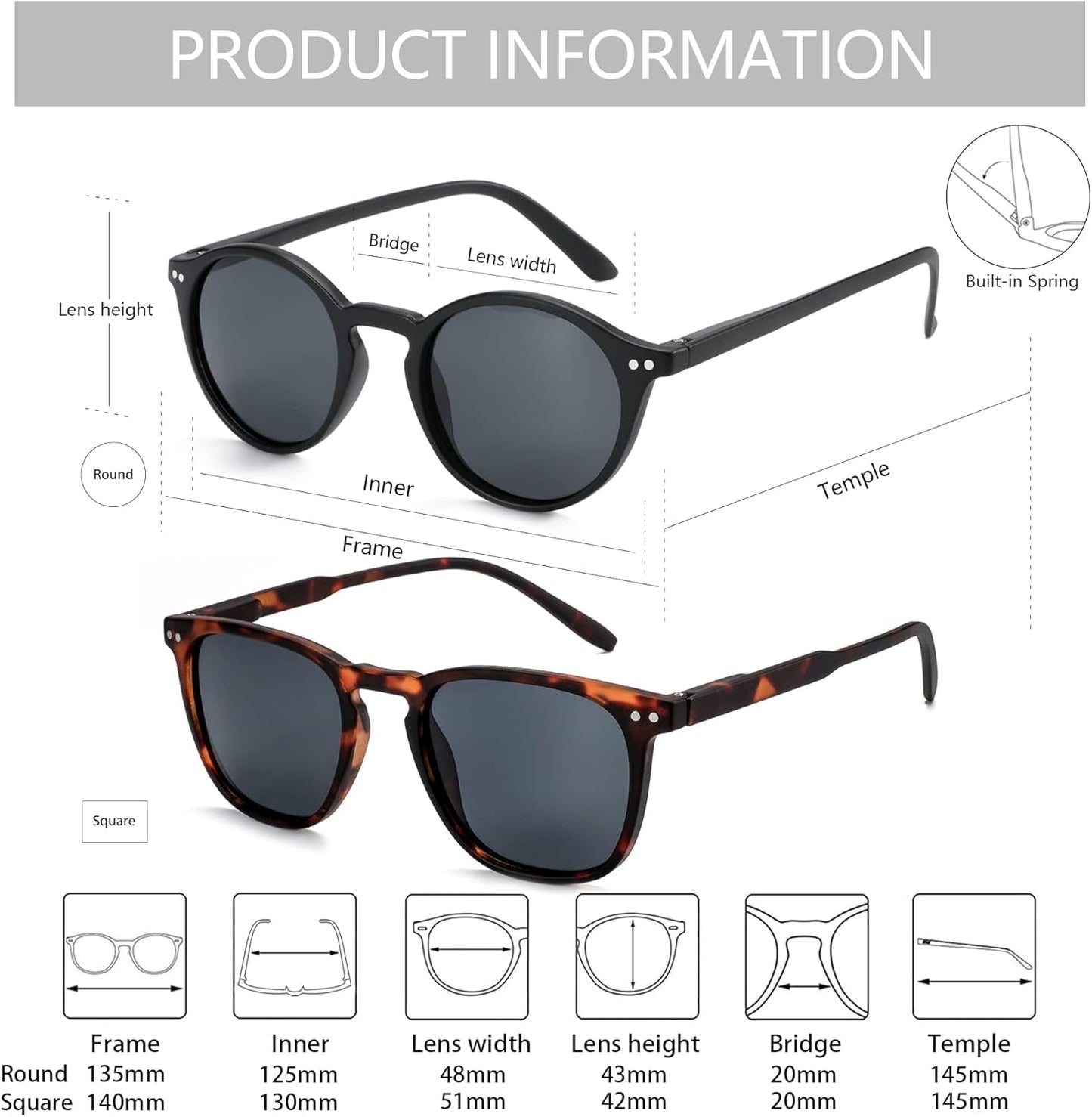 Polarized Sunglasses for Women Men: Retro Shades round | Square Frame UV Protection 2 Pack