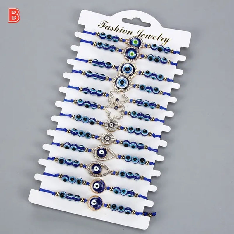 12 Pcs/Set Bohemian Handmade Braided Rope Charm Bracelets Rhinestone Blue Round Beads Evil Eye Bracelet  for Women Men Friendship Jewelry Gifts