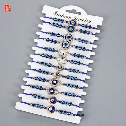 12 Pcs/Set Bohemian Handmade Braided Rope Charm Bracelets Rhinestone Blue Round Beads Evil Eye Bracelet  for Women Men Friendship Jewelry Gifts