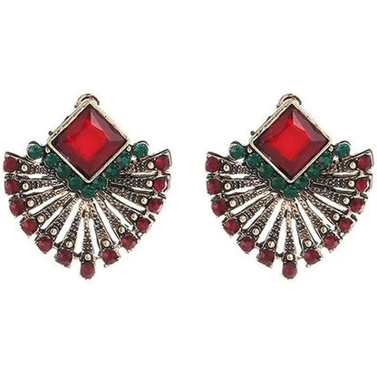 Picture Color European and American Hot Style Retro Bohemian Ethnic Style Ruby Earrings Fan-Shaped Crystal Stud Earrings
