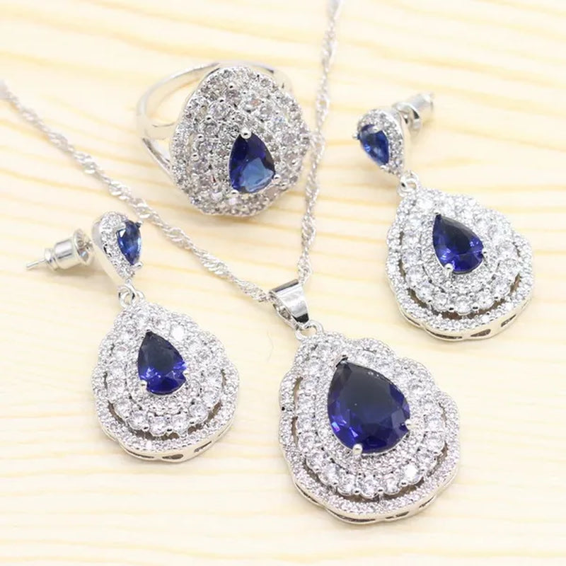 925 Silver Royal Blue Zirconia Wedding Jewelry Set For Women Heart Shape Necklace Pendant Ring Earrings Bracelet S Gift Box - WORLD TIME VISITS