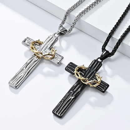 Cross Necklace for Men,Stainless Steel Black Silver Jesus Christ Crucifix Pendant Necklaces Meaningful Religious Jewelry，60Cm Rolo Chain