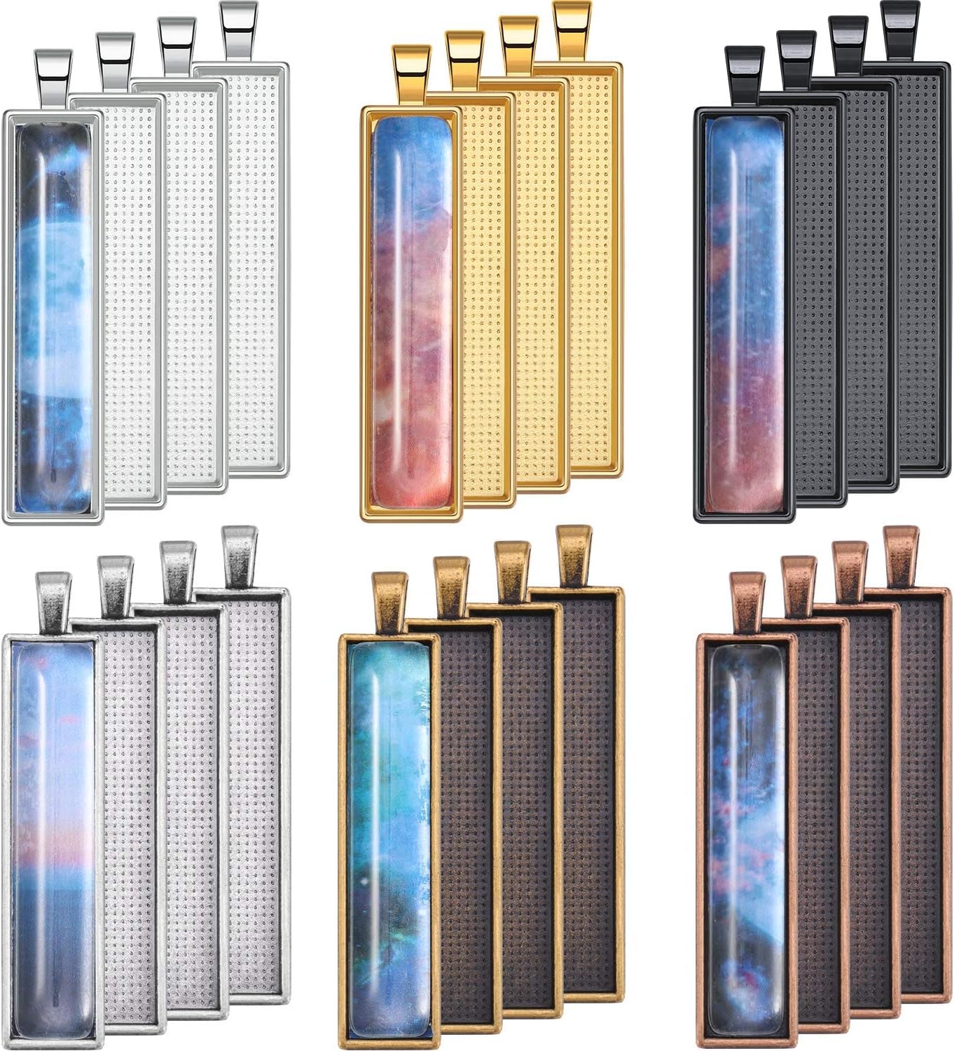 48 Pieces 6 Colors Pendant Tray Rectangle Bezel Blanks Set Include 24 Rectangle Pendant Trays with 24 Clear Glass Cabochon Domes for DIY Resin Craft Photo Necklace Jewelry Making - WORLD TIME VISITS