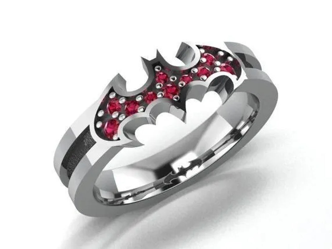 Latest Design Unique Creative Halloween Jewelry  Inlay Ruby Batman Ring Surprise Ring Bridal Engagement Wedding Ring Halloween Christmas Gift Jewelry Size US5-11
