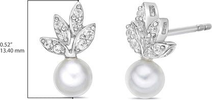 .925 Sterling Silver, 5.5Mm White Freshwater Cultured Button Pearl & Lab Grown White Sapphire Fruit Drop Studs Leafy Pushback Stud Earrings