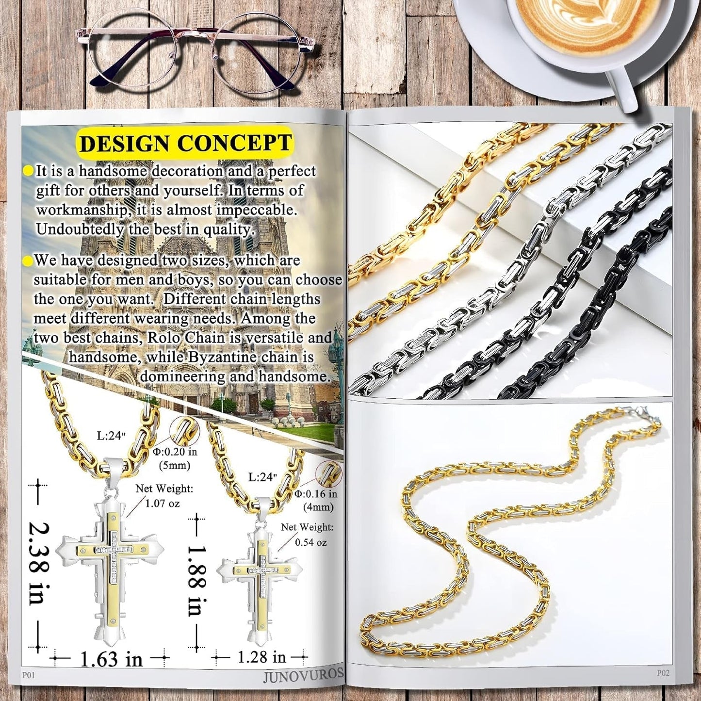 Stainless Steel Jesus Christ Cross Pendant Necklace for Men, 20 to 28 in Rolo/Byzantine Chain, 2 Sizes of Religious Jewelry with Silver/Gold/Black