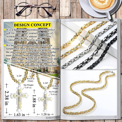 Stainless Steel Jesus Christ Cross Pendant Necklace for Men, 20 to 28 in Rolo/Byzantine Chain, 2 Sizes of Religious Jewelry with Silver/Gold/Black