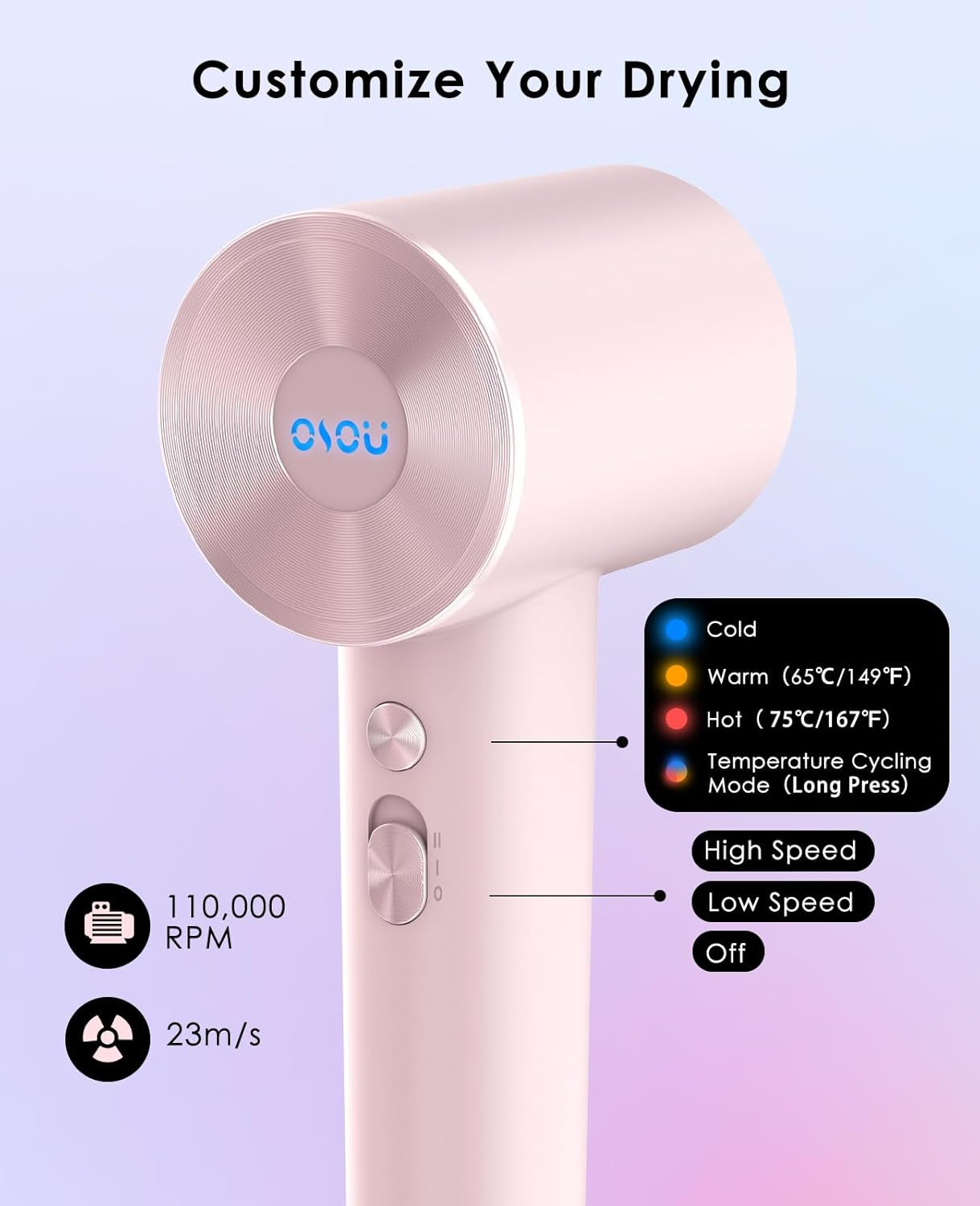 Hair Dryer, Negative Ionic Hair Dryer, High-Speed Blow Dryer with 110, 000 RPM Brushless Motor, Fast Drying Lightweight Travel Hairdryer, Low Noise Home Hair Dryer with Smooth Nozzle