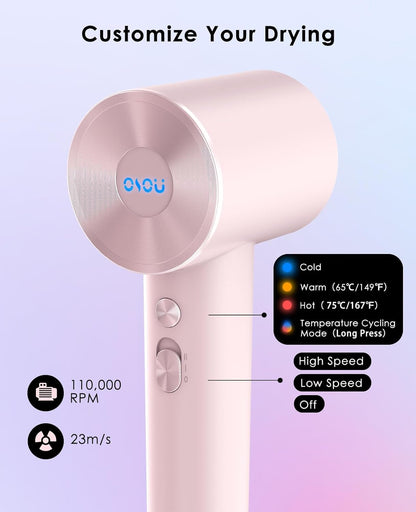 Hair Dryer, Negative Ionic Hair Dryer, High-Speed Blow Dryer with 110, 000 RPM Brushless Motor, Fast Drying Lightweight Travel Hairdryer, Low Noise Home Hair Dryer with Smooth Nozzle