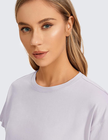 Women'S Pima Cotton Workout Short Sleeve Shirts Loose Athletic Crop Tops Gym Casual Cropped T-Shirt
