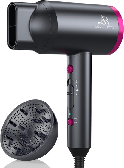 Hair Dryer with Diffuser, Portable Blow Dryer for Curly Hair for Women/Men, 1800 Watt Ionic Hairdryer, Blow Dryer with Nozzle for Fast Drying as Salon, Lightweight