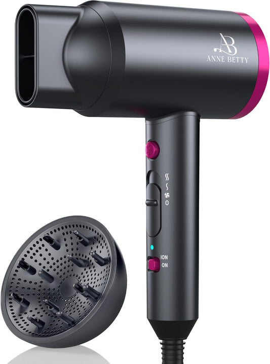 Hair Dryer with Diffuser, Portable Blow Dryer for Curly Hair for Women/Men, 1800 Watt Ionic Hairdryer, Blow Dryer with Nozzle for Fast Drying as Salon, Lightweight