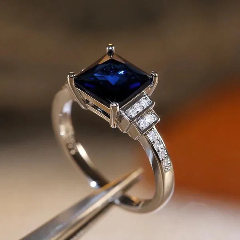 Fashion Jewelry Gemstone 925 Sterling Silver Diamond Cut Square Sapphire Ring Women Size：5-10