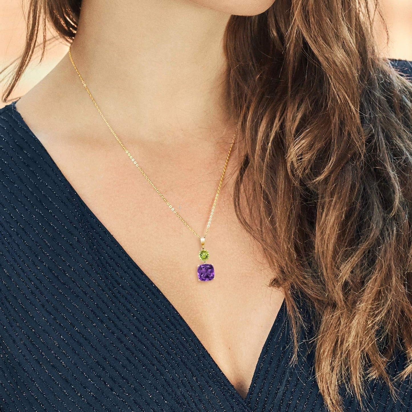 18K Yellow Gold Plated Silver Purple Amethyst and Green Peridot Pendant Necklace for Women (4.00 Cttw, Gemstone February Birthstone, Cushion 10MM, round 6MM)