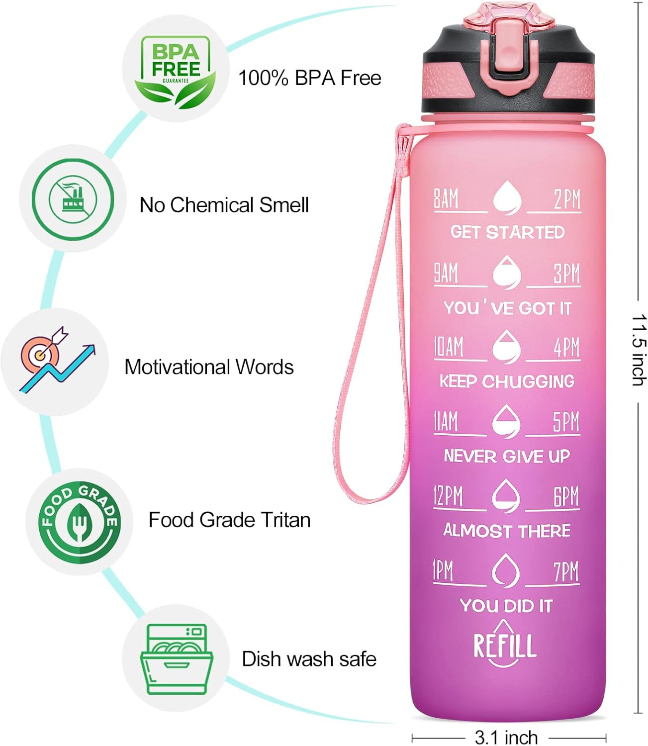32/24 Oz Water Bottles with Removable Straw & Time Marker, Motivational Sports Bottles with BPA Free Tritan Material, Leakproof Water Jug for Fitness - WORLD TIME VISITS