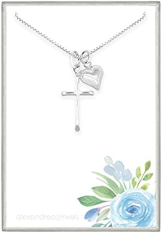 Delicate and Dainty Sterling Silver Cross Necklace with Puffed Heart Charm for Women, 18 Inches