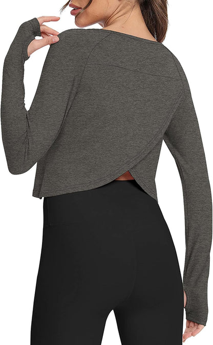 Long Sleeve Athletic Workout Shirts Sports Yoga Gym Crop Tops for Women