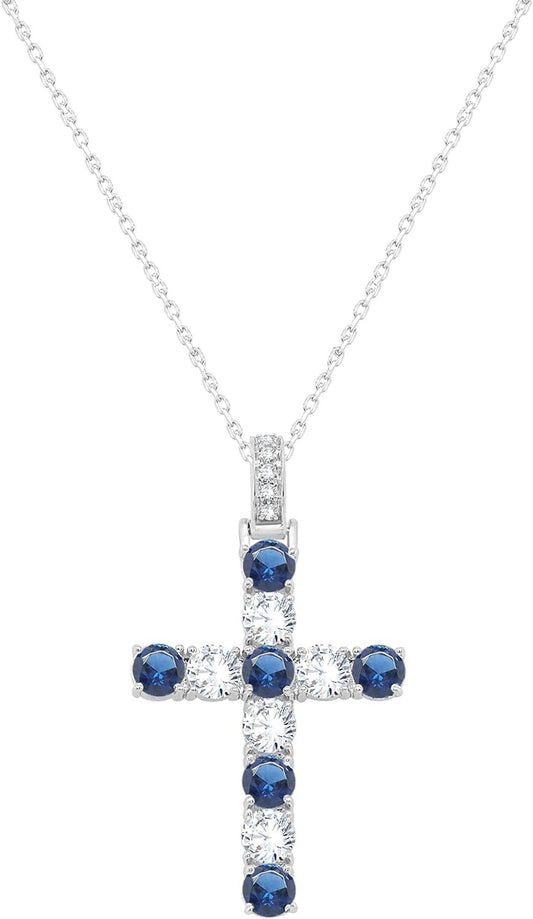 3.20MM round Cut Simulated Multicolor Gemstone & 0.70 Cttw Natural Diamond Cross Pendant Necklace along with 18" Chain in 14K Gold Plated 925 Sterling Silver - WORLD TIME VISITS