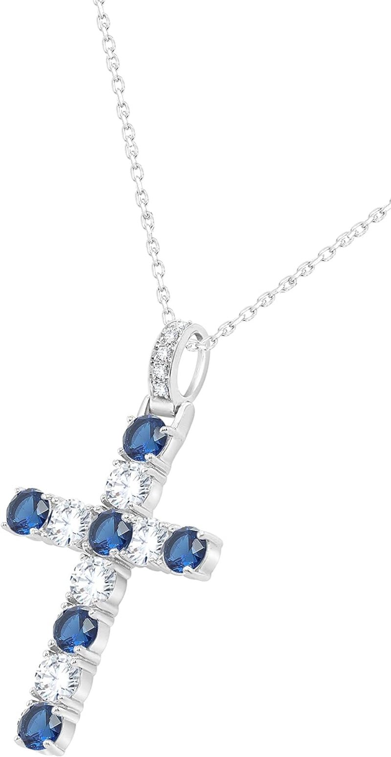 3.20MM round Cut Simulated Multicolor Gemstone & 0.70 Cttw Natural Diamond Cross Pendant Necklace along with 18" Chain in 14K Gold Plated 925 Sterling Silver