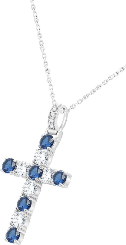 3.20MM round Cut Simulated Multicolor Gemstone & 0.70 Cttw Natural Diamond Cross Pendant Necklace along with 18" Chain in 14K Gold Plated 925 Sterling Silver