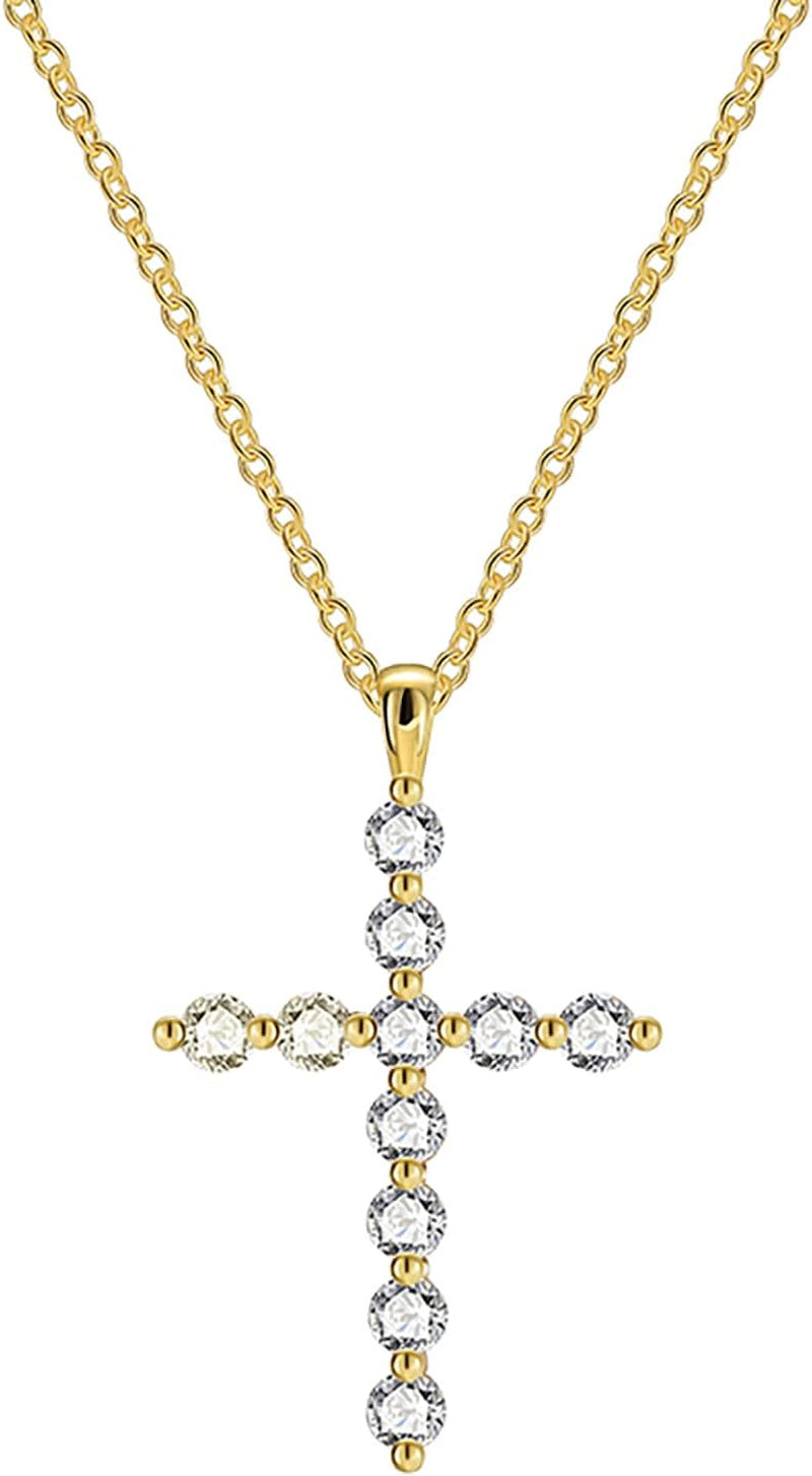 Gold Plated Cross Pendant Necklace, Cross Necklace with Cubic Zirconia, Tarnish-Resistant Cross Pendant Necklace 17 Inches Chain for Women & Men