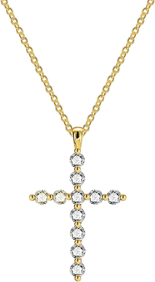Gold Plated Cross Pendant Necklace, Cross Necklace with Cubic Zirconia, Tarnish-Resistant Cross Pendant Necklace 17 Inches Chain for Women & Men