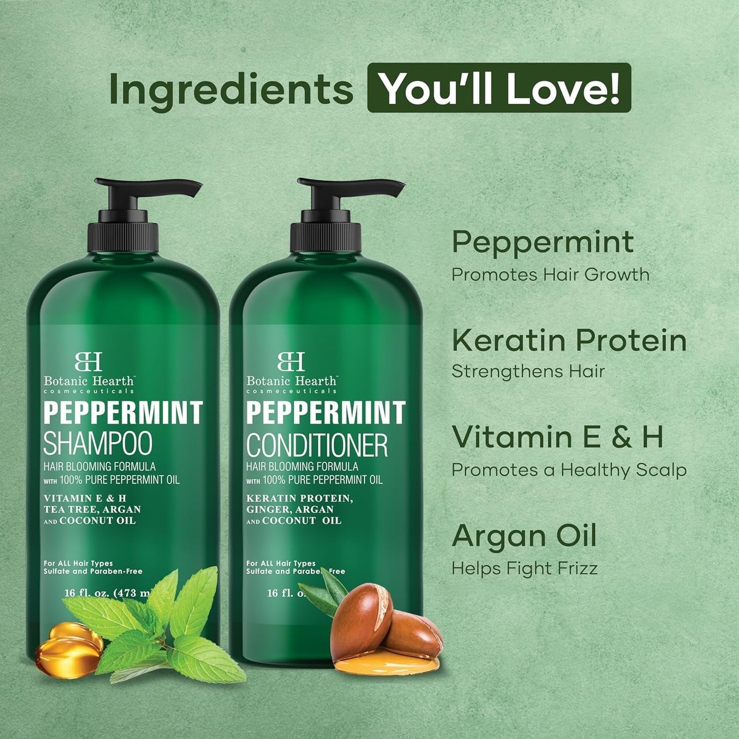 Peppermint Oil Shampoo and Conditioner Set - Hair Blooming Formula with Keratin - Fights Hair Loss & Thinning, Promotes Hair Growth-Sulfate Free for Men and Women - 16 Fl Oz X 2