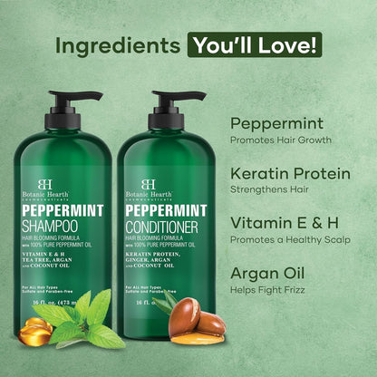 Peppermint Oil Shampoo and Conditioner Set - Hair Blooming Formula with Keratin - Fights Hair Loss & Thinning, Promotes Hair Growth-Sulfate Free for Men and Women - 16 Fl Oz X 2