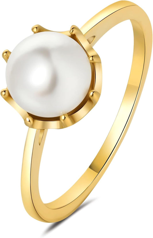 Pearl Ring for Women, 18K Gold Plated Womens Gold Rings for Bride Wedding Engagement Band Birthday Gold Rings Size 5 to 9 - WORLD TIME VISITS