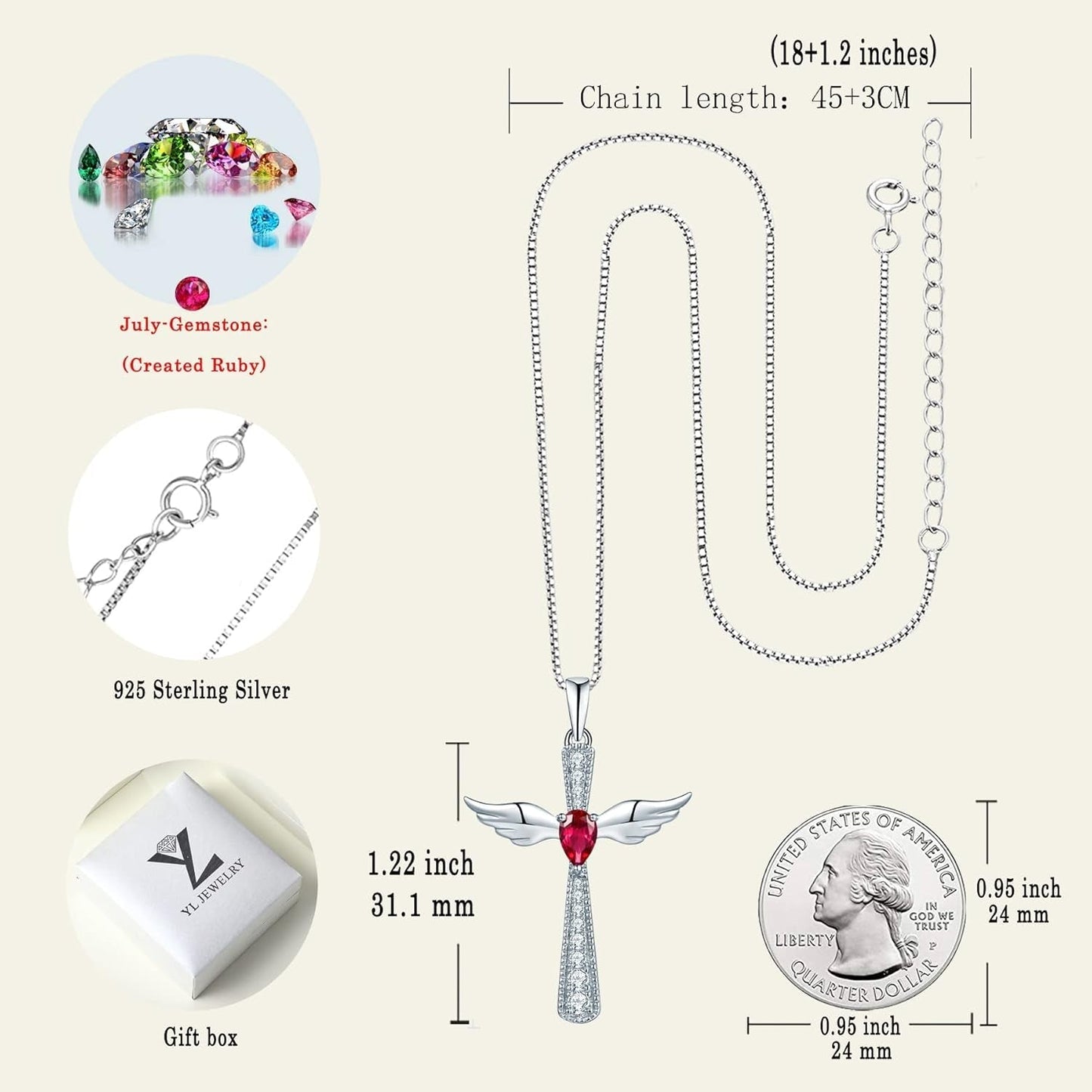 Cross Necklace 925 Sterling Silver Angel Wings Pendant Teardrop Birthstone Criss Jewelry for Women