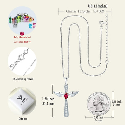 Cross Necklace 925 Sterling Silver Angel Wings Pendant Teardrop Birthstone Criss Jewelry for Women