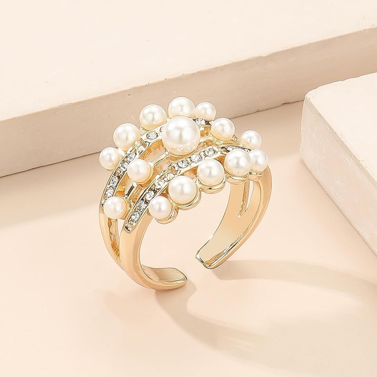 Pearl Rings for Women - Freshwater Gold Pearl Stackable Beaded Open Adjustable Boho Vintage Thumb Midi Pinky Knuckle Rings - Christmas Jewelry Gifts