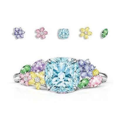 Unique Flower Silver Multicolor Gemstone Aquamarine Square Princess Ring Woman Engagement Ring Anniversary Statement Natural Gemstones Pink Sapphire Ring