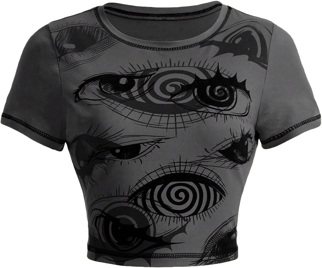 Women'S Y2K Goth Tops Graphic Vintage Eye Print Crop Tops Short Sleeve Summer Going Out Tees T Shirts