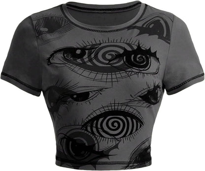 Women'S Y2K Goth Tops Graphic Vintage Eye Print Crop Tops Short Sleeve Summer Going Out Tees T Shirts