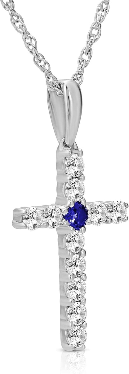 14K Gold Diamond and Created Blue Sapphire Cross Pendant with Sterling Silver Rope Chain Necklace (1/4 Cttw, I-J Color, I2-I3 Clarity), 18" - WORLD TIME VISITS