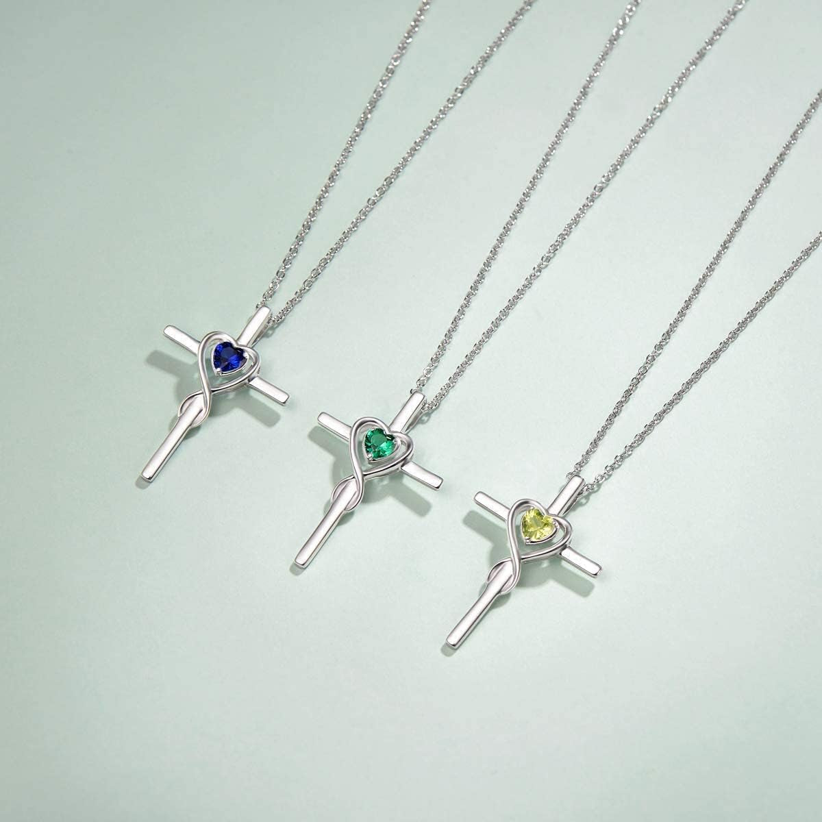 Birthstone Cross Necklace for Women Birthstone Necklace Heart Infinity Cross Pendant Necklace Fine Jewelry Christmas Birthday Holiday Gifts for Her, 16"+2" Inches