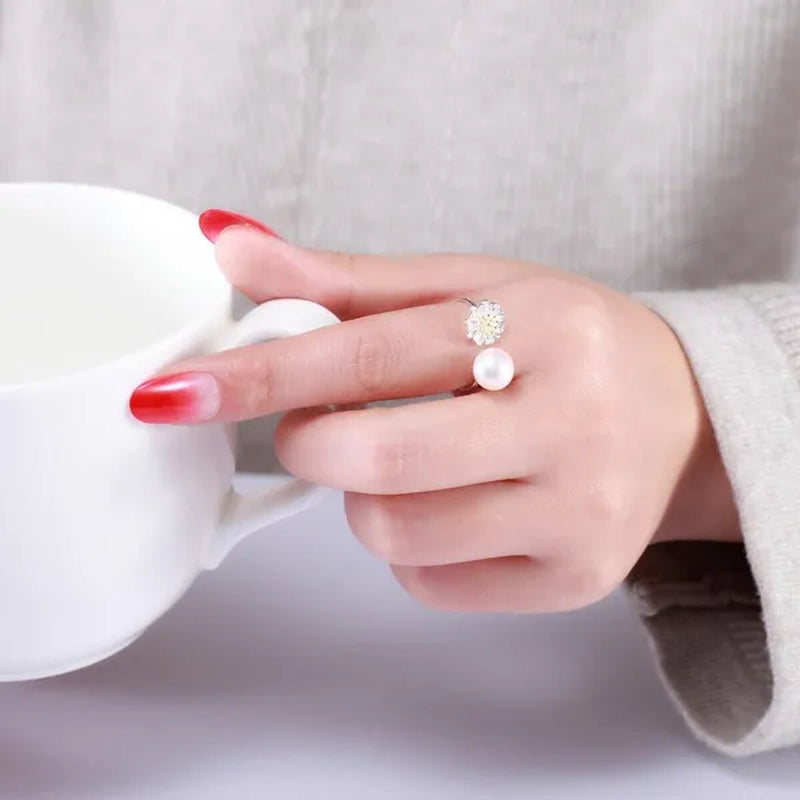 Flower Real 925 Sterling Silver with 8-9MM White Freshwater Pearl Rings for Women Fashion Jewelry Gifts