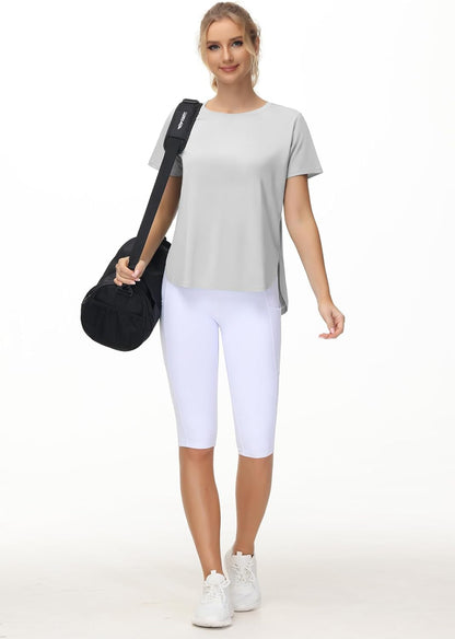 Women'S Workout T-Shirts Loose Fit Short Sleeve Cotton Running Basic Tee Tops with Split Hem