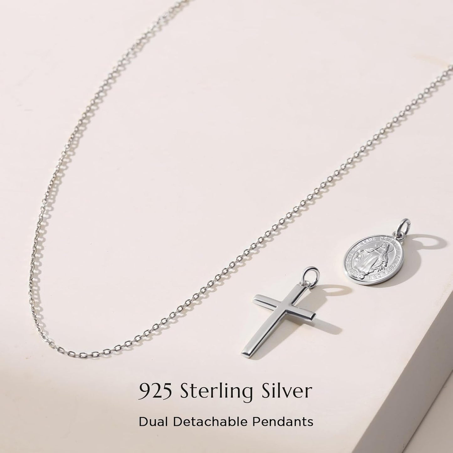 925 Sterling Silver Cross Necklace for Women with Miraculous Medal, 18K Gold Plated Virgin Mary Necklace, Double Pendant Mother Mary Necklaces Christian Jewelry Religious Gift for Her