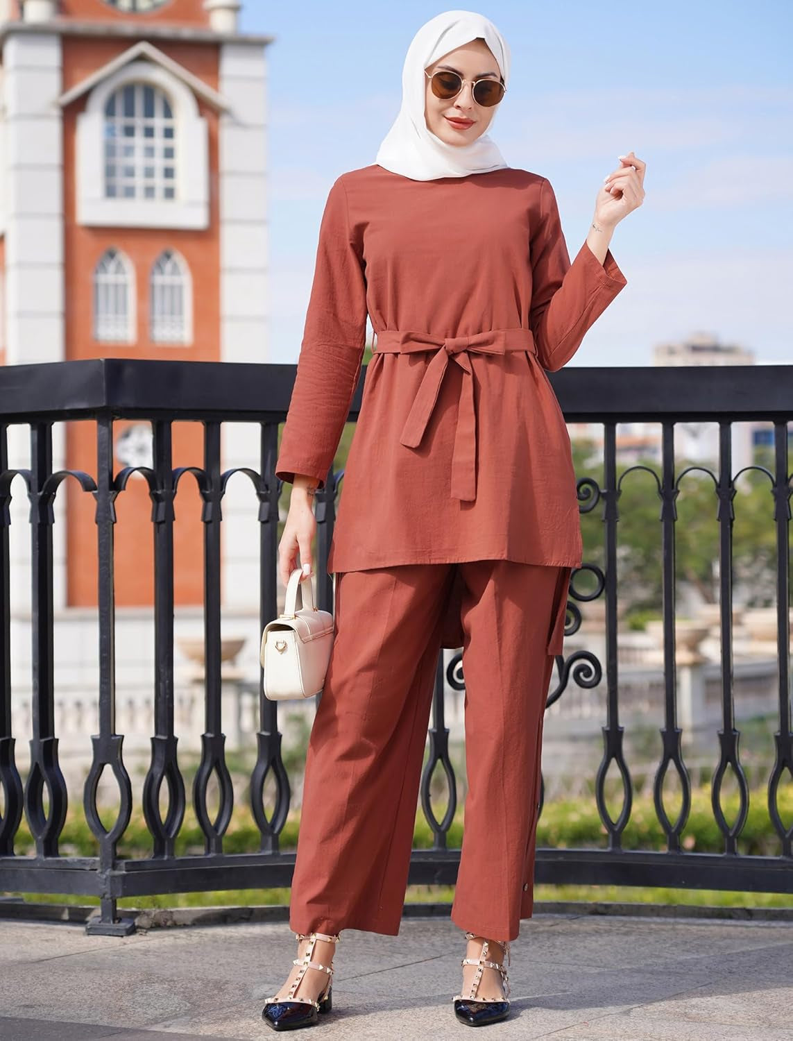 Abayas for Women Muslim 2 Pcs Sets Long Sleeve round Neck Top Dress and Pants Dubai Islamic Muslim Clothes