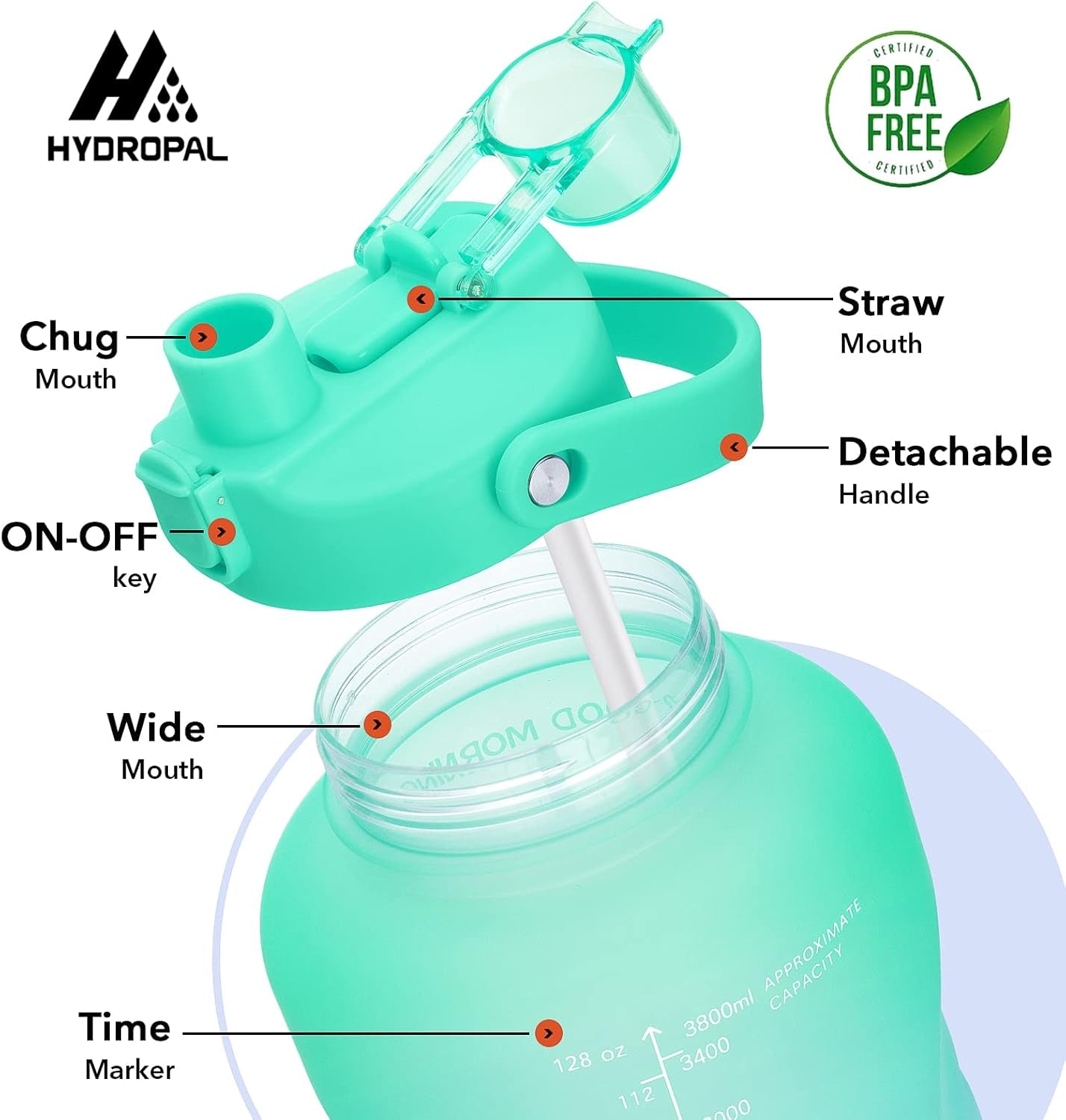 1 Gallon Water Bottles with Straw, 128 Oz / 3.8L Water Bottle BPA Free Innovative 2-IN-1 Lid Gym Bottle with Times to Drink Motivational, Large for Sports Fitness Camping Water Jug One Gallon
