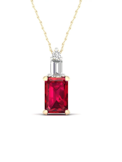 Gemstone 10K Yellow Gold Octagonal Cut Ruby and Diamond Pendant Necklace